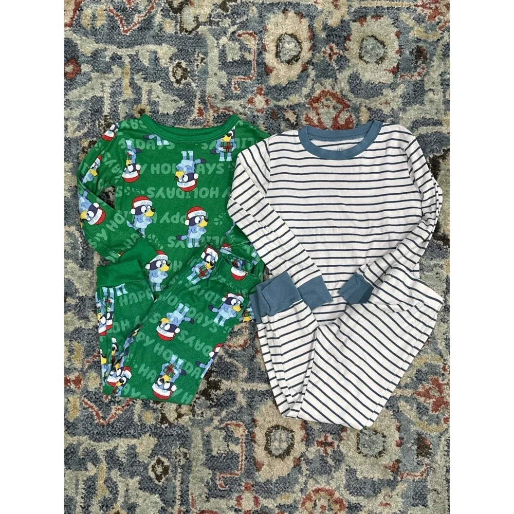 Bluey Christmas & Striped Pajama Bundle Kids 3T Green Blue Holiday